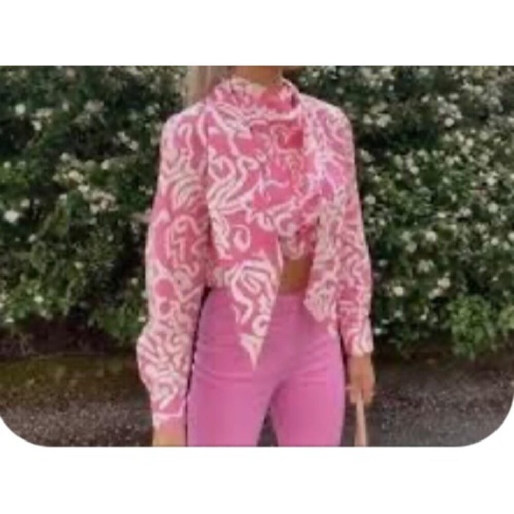 Zara Poplin Fold Over Cropped Popover Blouse Mock Neck Long Sleeve Pink Print XL